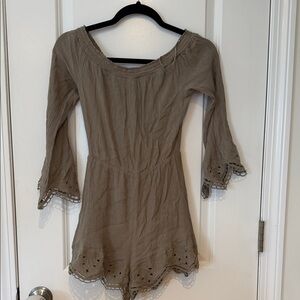 Astr the label Boho Eyelet Trim Romper in Taupe